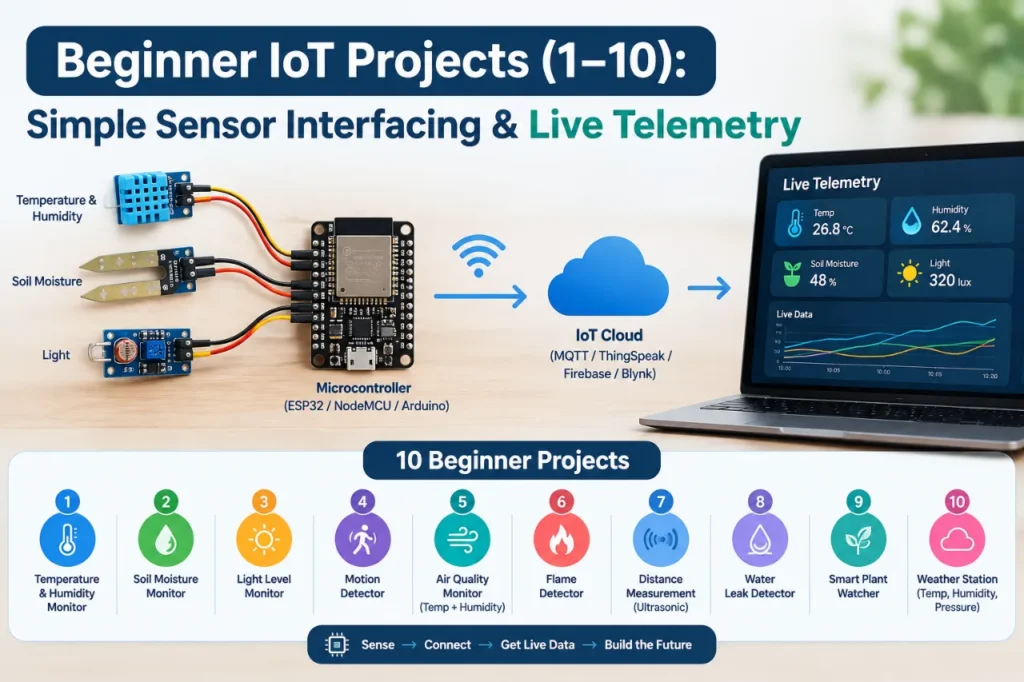30 Best IoT-Based Projects (With Code, Circuit Diagrams & Cloud Dashboards) 3 Beginner IoT Projects_ Live Telemetry Infographic