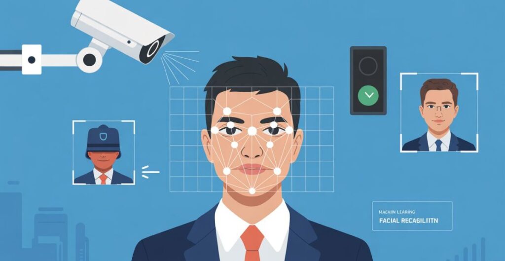 AI-powered facial recognition system monitoring public area with surveillance cameras