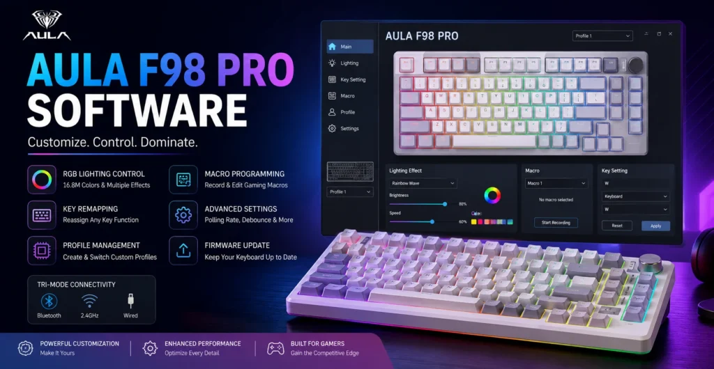 Aula F98 Pro Software interface for keyboard customization and RGB control.