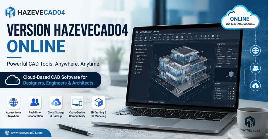 Version Hazevecad04 Online cloud-based CAD software dashboard with 2D drafting, 3D modeling, real-time collaboration, and cloud storage features