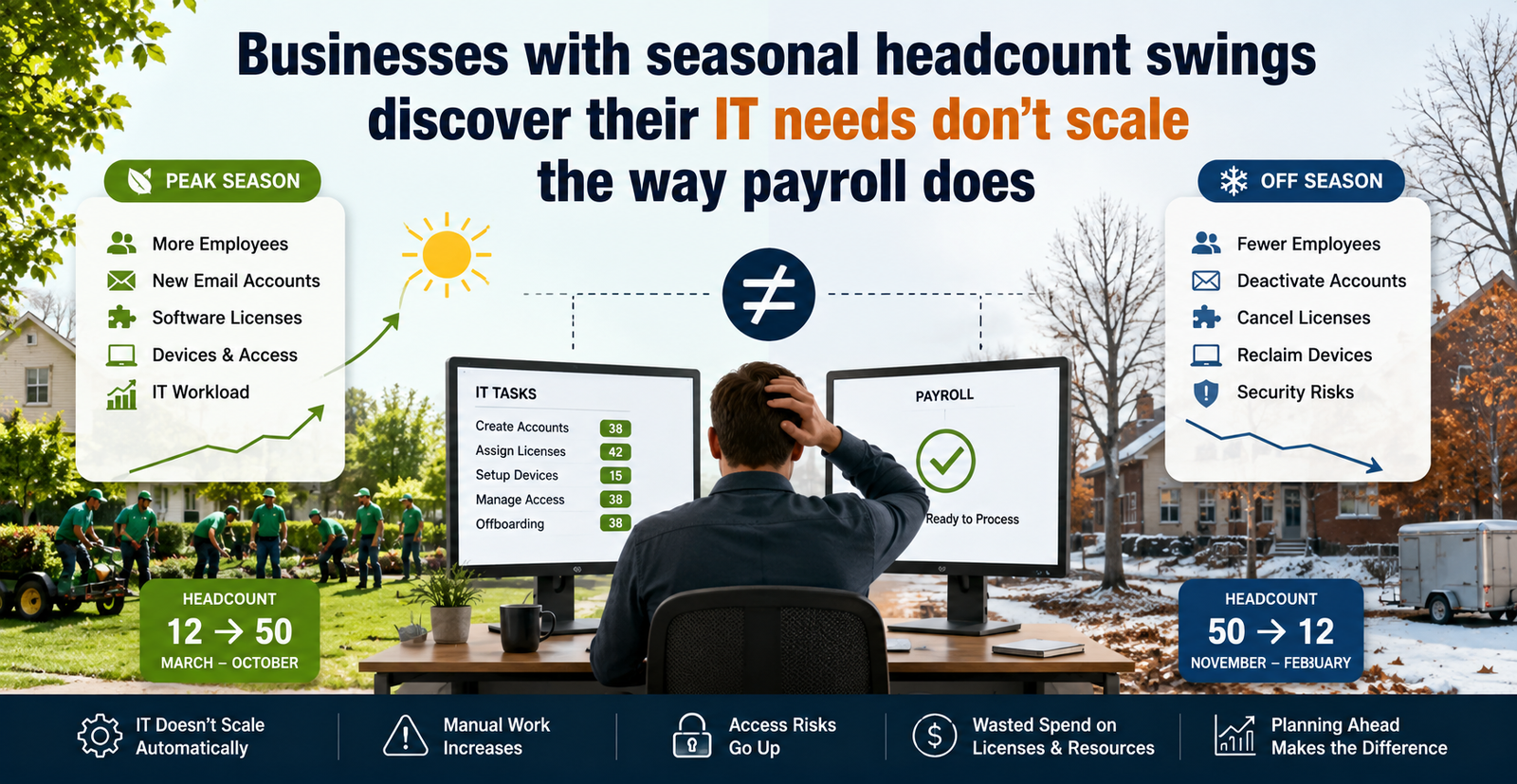 Businesses with seasonal headcount swings discover their IT needs don’t scale the way payroll does